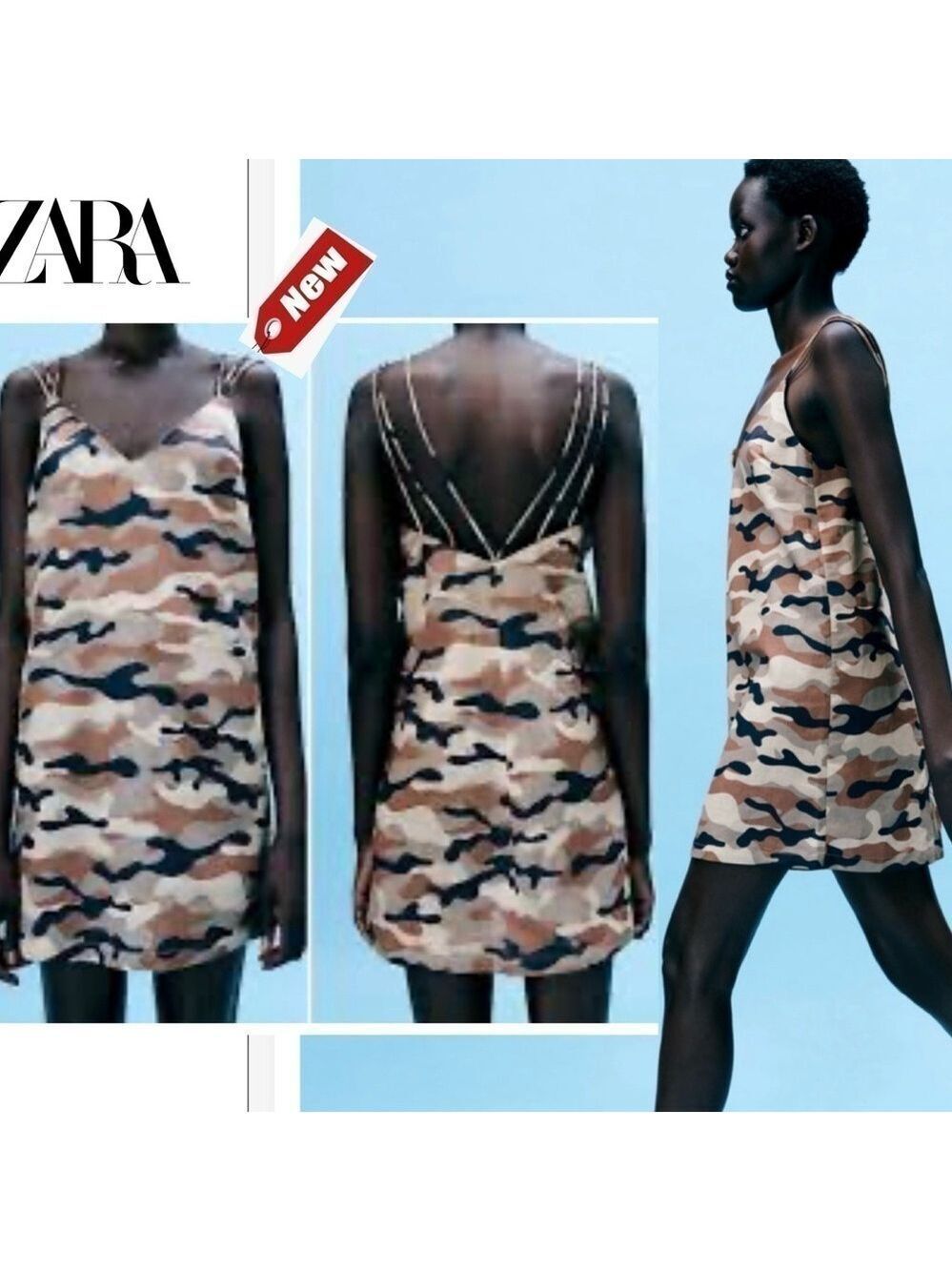 Zara camo strappy V-neck spaghetti strap short mini dress NWT green brown